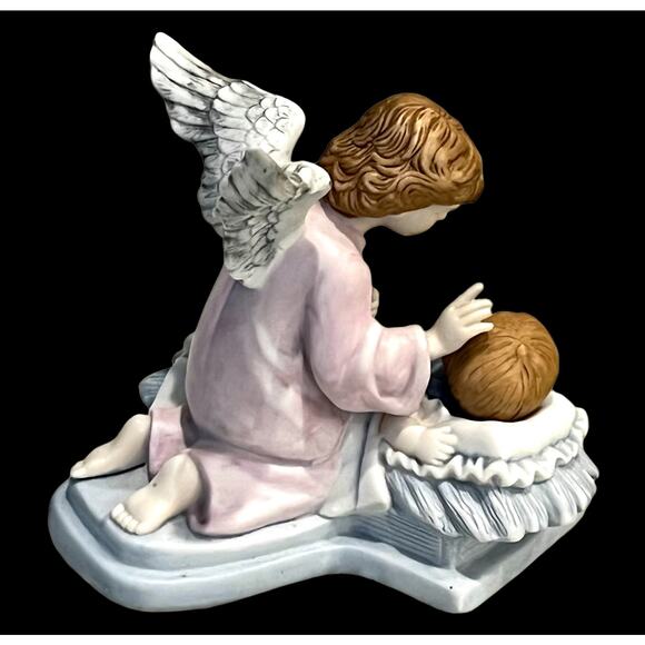 VTG Porcelain Angel & Baby In Bed 5" Figurine 1991 Blue Pink White Nursery Decor - Picture 5 of 6